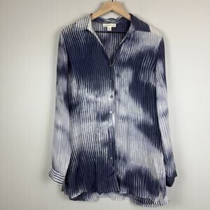 Coldwater Creek Button Up Blouse Top Women Large Blue White Linen Lightweight